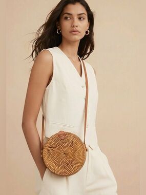 Straw Rattan Round Crossbody Strap Boho Handbag Purse Fully Lined Handmade